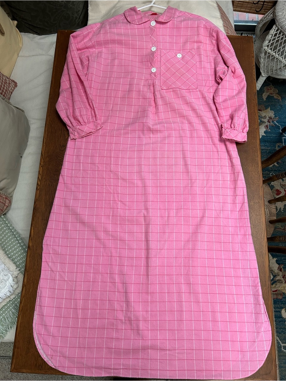 Pink Check LongSleeve Nightgown, all cotton flannel, large. Open sides at bottom